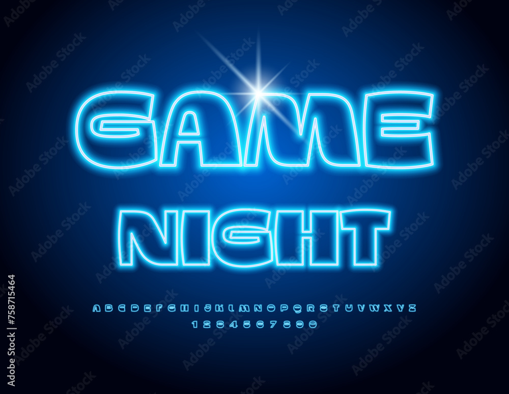 Vector Neon Banner Game Night. Creative Glowing Font. Unique Modern Alphabet Letters and Numbers set.