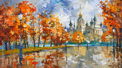 Oil painting of a city in autumn scenic landscape 