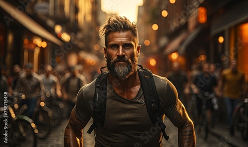 Bearded Man Walking Down Urban Street