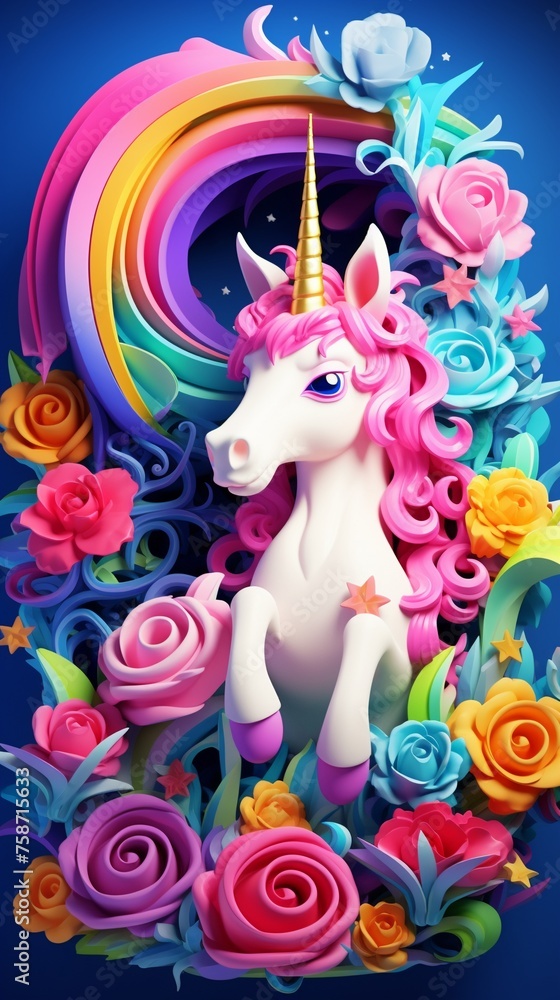 Enchanting 3D cartoon cute unicorn casting magic spells surrounded by swirl of colorful flowers Enchanting 3D cartoon cute unicorn casting magic spells surrounded by swirl of colorful flowers