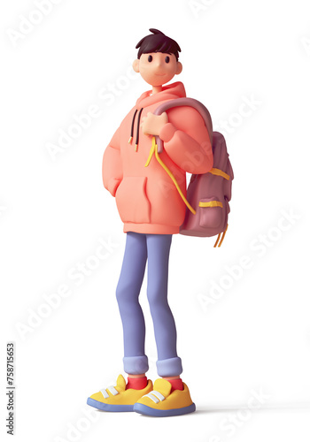 Young cute excited funny smiling asian brunette guy with backpack wears casual fashion clothes, red hoodie, blue jeans, yellow sneakers, stands with one hand in pocket. 3d render isolated transparent.