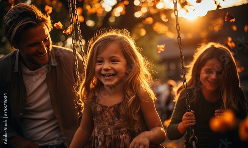 Man and Two Little Girls Swinging Together