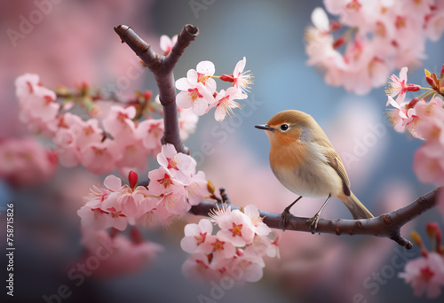 petit oiseau des campagnes, rouge-gorge posé sur la branche d'un cerisier en fleur. Fond avec espace négatif copyspace.