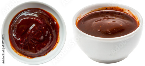 white bowl with barbecue sauce with tomatoes, vinegar, molasses, brown sugar, Worcestershire sauce, and spices, isolated on a transparent background photo