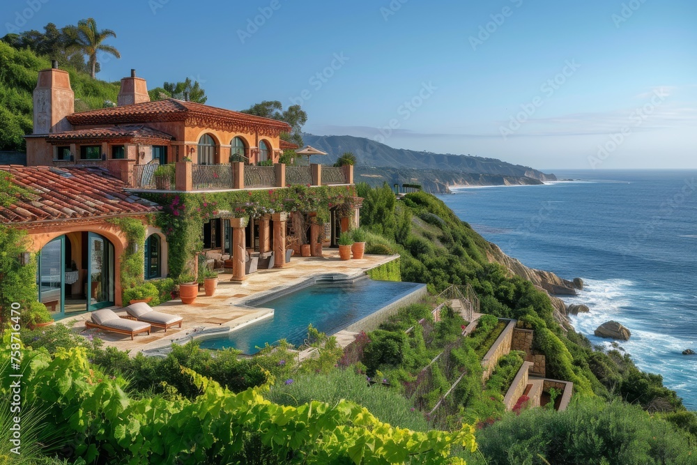A Mediterranean-style seaside villa nestled within a hillside vineyard