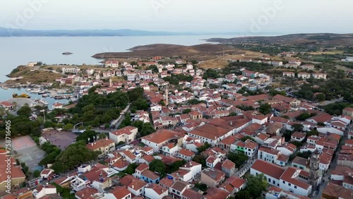 drone view Streets and castle of Bozcaada. Island is popular tourist attraction in Aegean Sea photo