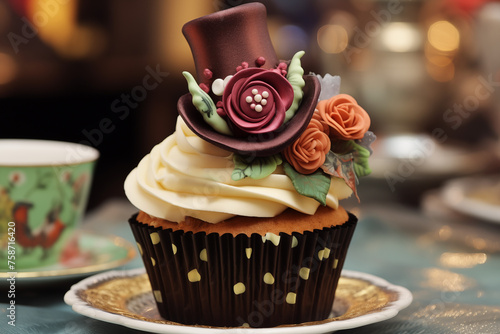 Cupcake  dans une caissette en papier noir à pois blanc, glaçage royal blanc monté à la poche à douille, décor topping en pâte à sucre sur le thème de Mad Hatter, le chapelier fou, avec un chapeau © Noble Nature