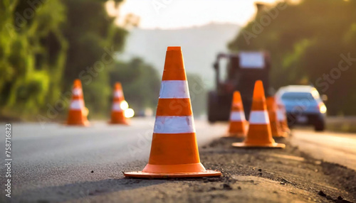 Safety orange cones. Plastic traffic cone. Road maintenance work.