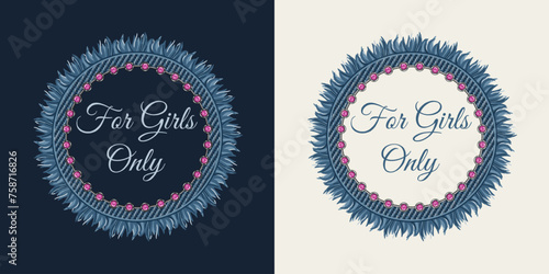Circular denim label with fabric fringe, pink rhinestones, strass, text For Girls Only. Design element in vintage style. For clothing, t shirt design.