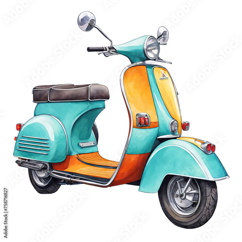 Scooter watercolor illustration, transportation travelling vehicle vector illustration clipart, cute scooter, ad promotion style clipart, isolated on white background