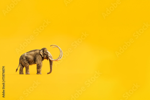 mammouth avec de très grandes défenses en ivoire recourbées et la trompe vers le sol, isolé sur un fond jaune moutarde, jaune orange, avec espace négatif copyspace pour texte Extinction de masse  photo