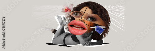 Modern beauty standards. Young woman doing face injections, lip augmentation and face liftin. Contemporary art collage. Concept of beauty treatment, plastic surgery, medicine, clinical cosmetology, ad photo