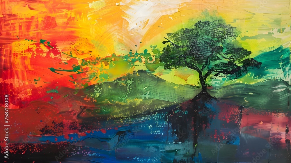 Abstract Explosion of Color with Silhouette Tree, Artistic Inspiration
