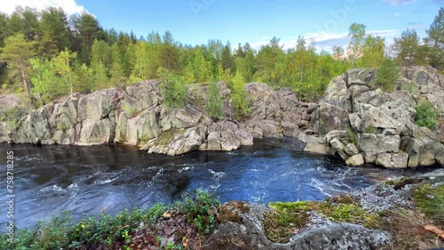 Canyon of the Nizhny Vyg river, near the Padun waterfall. A river gorge with rocks and greenery. Not far from the White Sea-Baltic Canal. Karelia, Russia 4K photo