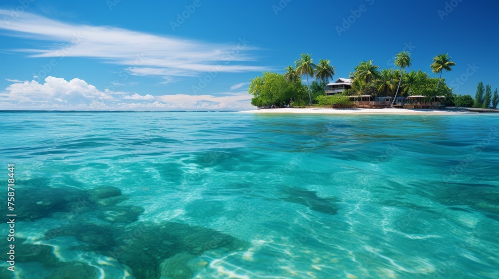 Tropical paradise island beach vacation destination - white sand, clear blue waters, palm trees