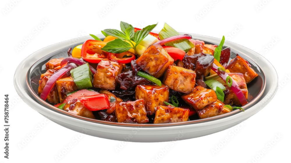 Kung Pao Tofu on a plate isolated on transparent png background. Generative ai Kung Pao Tofu on a plate isolated on transparent png background. Generative ai