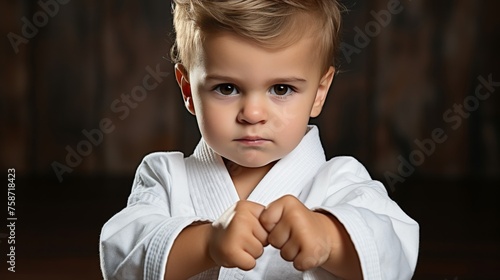 Young boy in traditional white kimono practicing sambo, jiu jitsu, karate martial art for competition