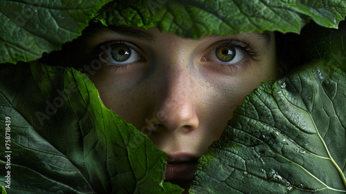 woman  face behind on green leaf