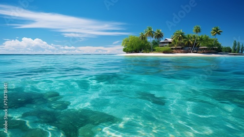 Tropical paradise island beach vacation destination - white sand, clear blue waters, palm trees