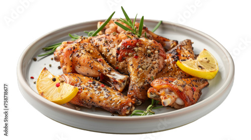 Lemon Pepper Wings on a plate isolated on transparent png background. Generative ai 