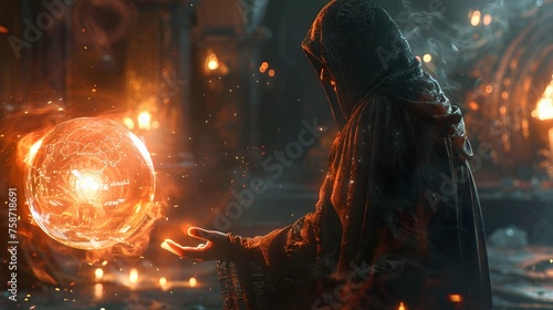 Hooded Wizard Casting Healing Fire Orb in Dark Fantasy Stone Hall
