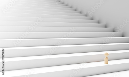 Next step forward concept design of Wooden people on the whie stairs 3D render