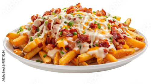 Loaded Fries with cheese bacon and sour cream isolated on transparent png background. Generative ai 