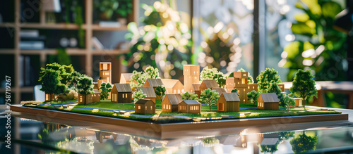 wooden miniature house and building with trees for green real estate concept