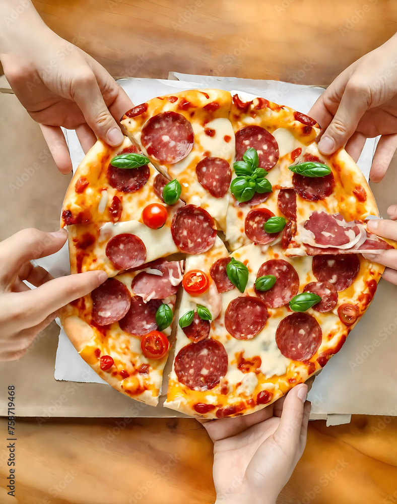 Top view of human hands taking pizza slices from table at corporate party. Hungry friends eating Italian fast food together. Family holding pepperoni pieces.  fast food idea, concept. Pizzeria, cafe