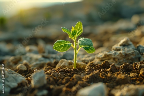Young Plant Sprouting in Sunlit Soil 