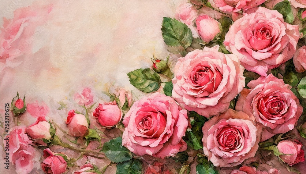 Różowe róże na różowym tle. Kwiatowa retro tapeta, tło, ilustracja - obrazy, fototapety, plakaty 