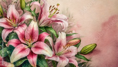 Różowe lilie na różowym tle. Kwiatowa retro tapeta, tło, ilustracja