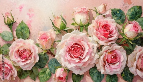 Pink roses on a pink background. Floral retro wallpaper  background  illustration