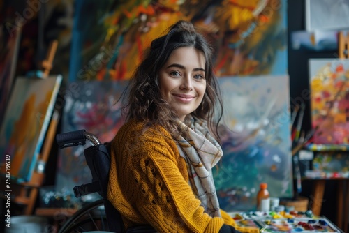 Smiling young woman in wheelchair, at work painting a picture, free space. ai generated