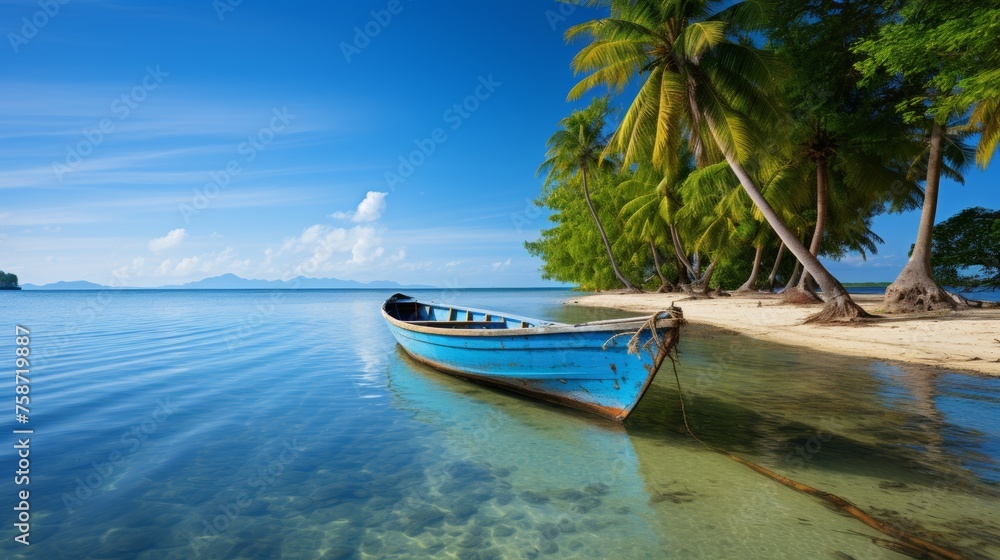 Tropical beach paradise with boat, exotic destination for summer vacation and travel concept