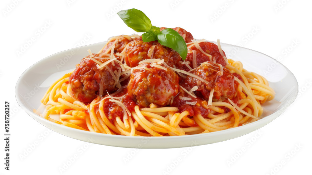 Meatball Marinara Spaghettion a plate isolated on transparent png background. Generative ai Meatball Marinara Spaghettion a plate isolated on transparent png background. Generative ai