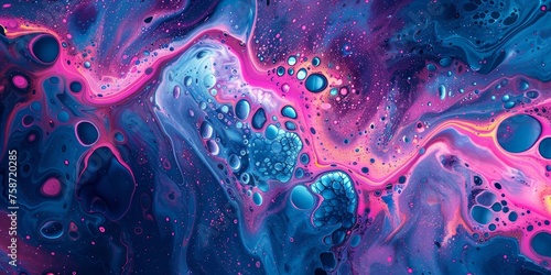 Vibrant abstract painting of neon molecular bonds in liquid form for modern art concept photo