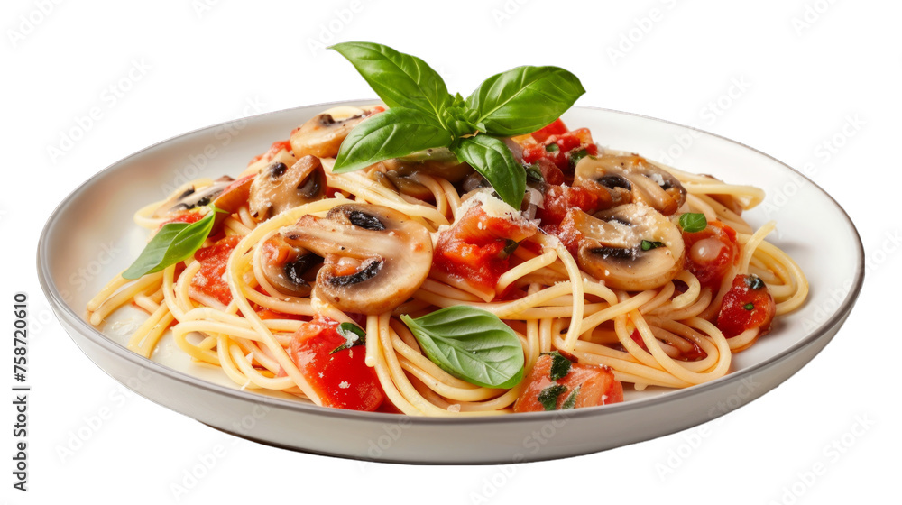 Mushroom Marinara Spaghettion a plate isolated on transparent png background. Generative ai 