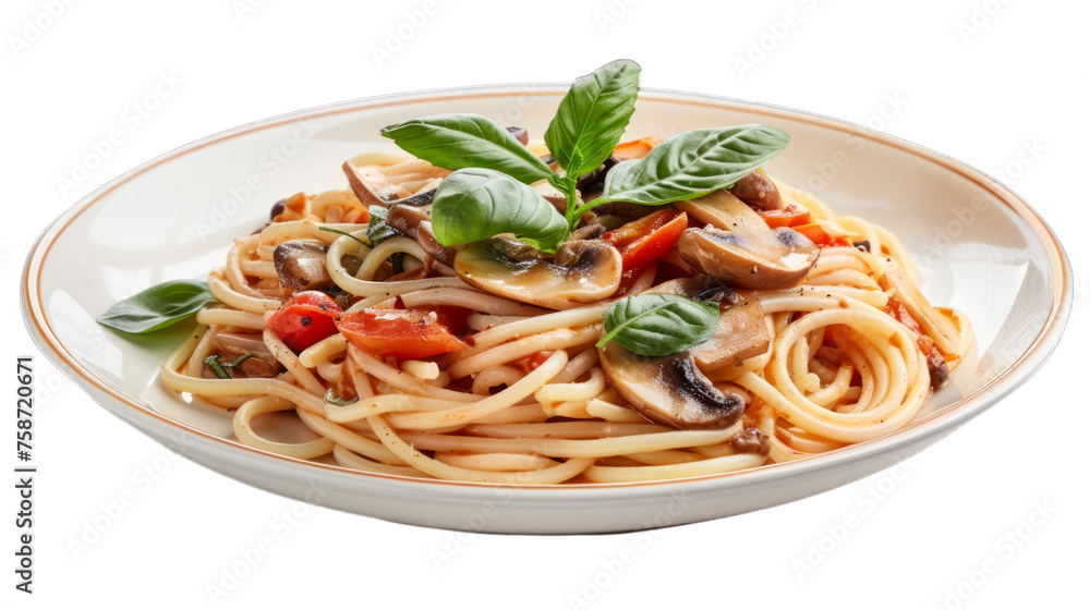Mushroom Marinara Spaghettion a plate isolated on transparent png background. Generative ai 