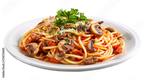 Mushroom Marinara Spaghettion a plate isolated on transparent png background. Generative ai 