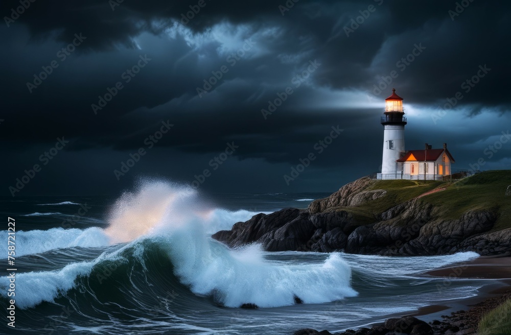 illuminated lighthouse on rocky shore, turbulent waves crashing against rocks and dark storm clouds gathering overhead. concept: day of light, lighthouse day, guidance and protection, maritime theme