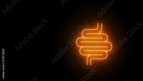 Neon glowing Intestine human icon. Neon healthy digestion logo, healthy digestive system sticker. Intestinal inflammation icons, abdominal pain, constipation, intestinal appendicitis. photo