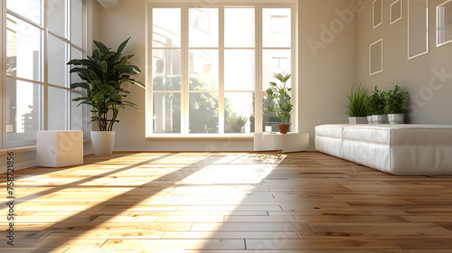 A spacious living room in a building with wooden flooring, abundant natural light from the windows, and a serene ambiance © Oleksandra