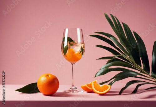 Wine glass with fresh orange fruit, tropical palm leaf shadow and podium on pastel pink backg