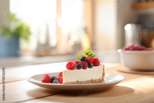 A piece of cheesecake decorated with berries on a light kitchen table, copy space.