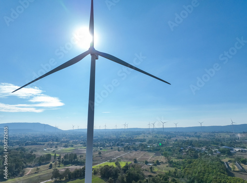 Landscape of wind farm. Wind energy. Wind power. Sustainable, renewable energy. Wind turbines generate electricity. Sustainable development. Green technology for energy sustainability. Green energy.