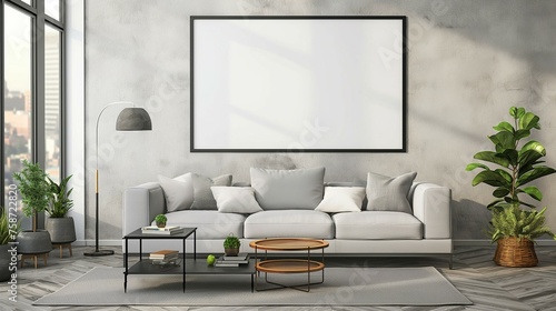 Photo frame neck up. Comfortable sofa and white tone minimalism. Apartment home interior Modern living room