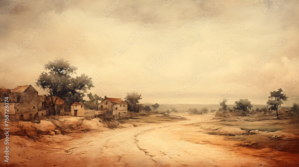 Painting landscape of road village on old paper Vintage