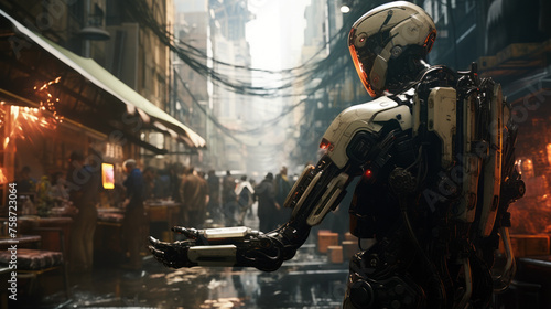 Robot walking through the market in the dystopian city