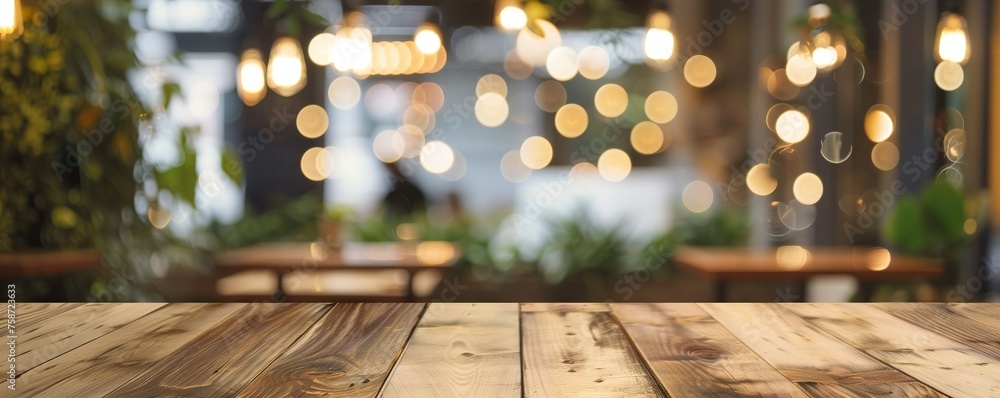 Empty wooden table  in front of a blurred background of restaurant lights